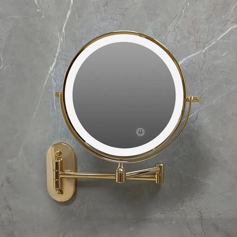Golden Wall Folding Makeup Mirror Double Side Fill Light Magnifying USB Charging Led Tricolor Dimming Bathroom Cosmetic Mirrors 250103
