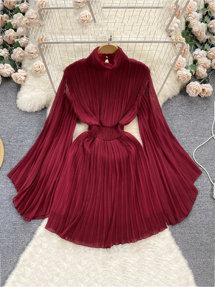 XFPV Elegant Solid Collar Folding Waist Closed Dress for Womens Casual Folded Vestido Womens 2025 Summer Trendy Fashion SM6137 250103