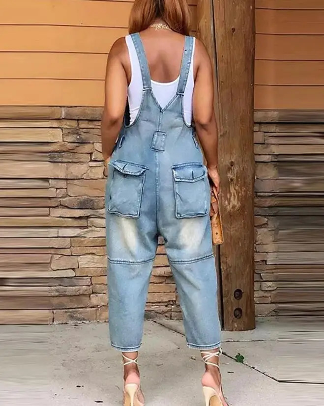 Denim Jumpsuit Womens Overall Fashion Split Loose Wide Leg Pocket Button Slim Blue Suspenders Vintage Womens jumpsuit 241230