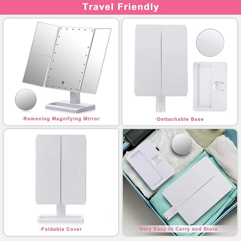Trifold Makeup Mirror With 22 LED Lights10X/3X/2X Magnification Portable Fold Lighted Table Desk Cosmetic Mirror 250103