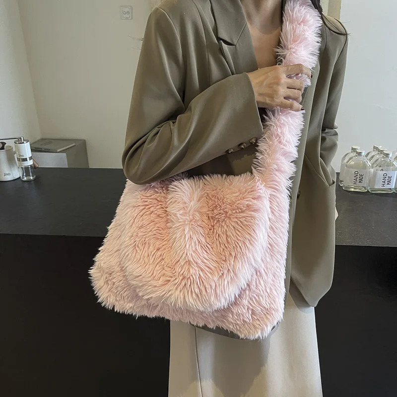 Women Plush Crossbody Bag Fluffy Winter Handbag Solid Color Messenger Tote Purse Work Shopping 241226