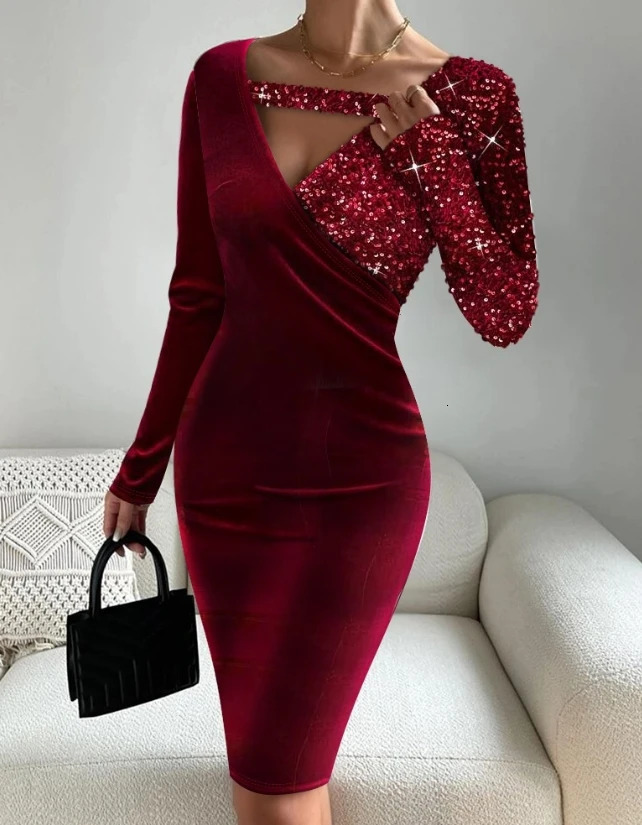 Womens Party Dress 2024 Summer Contrasting Sequin Velvet Patchwork Long Sleeve Asymmetrical Collar Elegant Evening 250103