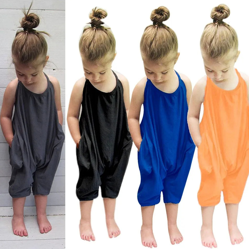 2023 Baby Pants Kids Backless Straps Clothes Girls Lace Up Jumpsuit Children Summer Harem Overalls Candy Color Fashion Trousers 241230z