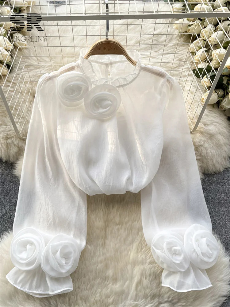 SINGREINY Ruffles Flower Loose Women Shirt Elegant O Neck Long Sleeve Transparent Thin Ladies Mesh Casual Fashion Chic Blouse 241230