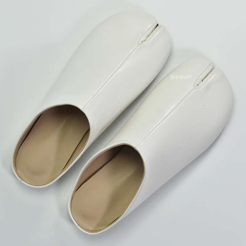 IPPEUM Tabis Mules Split Toe Plus Size 44 Black Leather Slippers Women Designer Flat Shoes