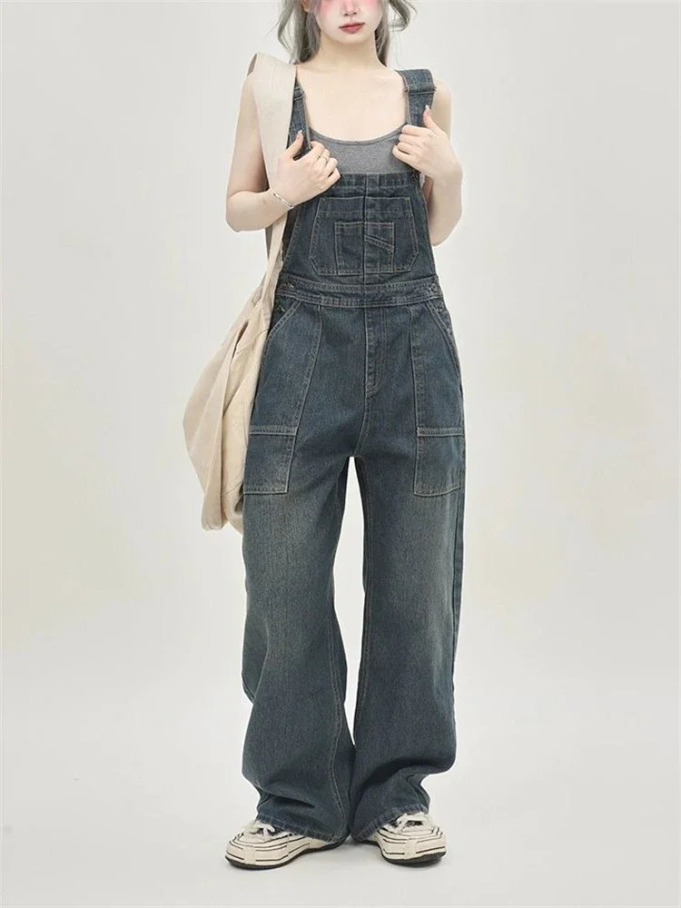 Womens Casual Blue Overalls Fashion Wide Leg Suspender Jumpsuits Pants Female Streetwear Rompers Straight Denim Trouser 241230