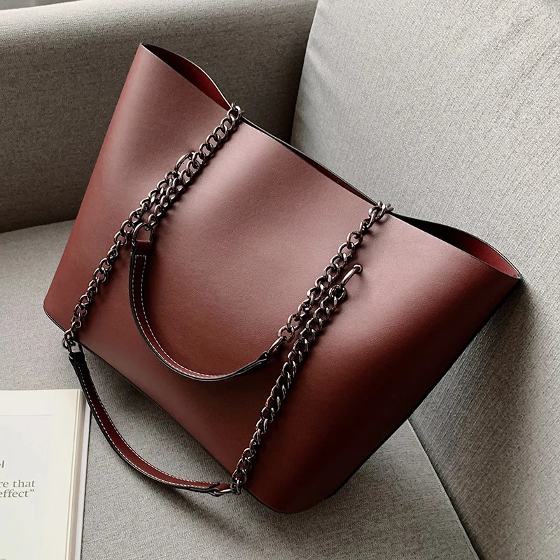 Vintage PU Leather Tote Bag Women Chains Shoulder Bag Large Capacity Handbag Female Shopping Handle Bag Lady Purse 250102
