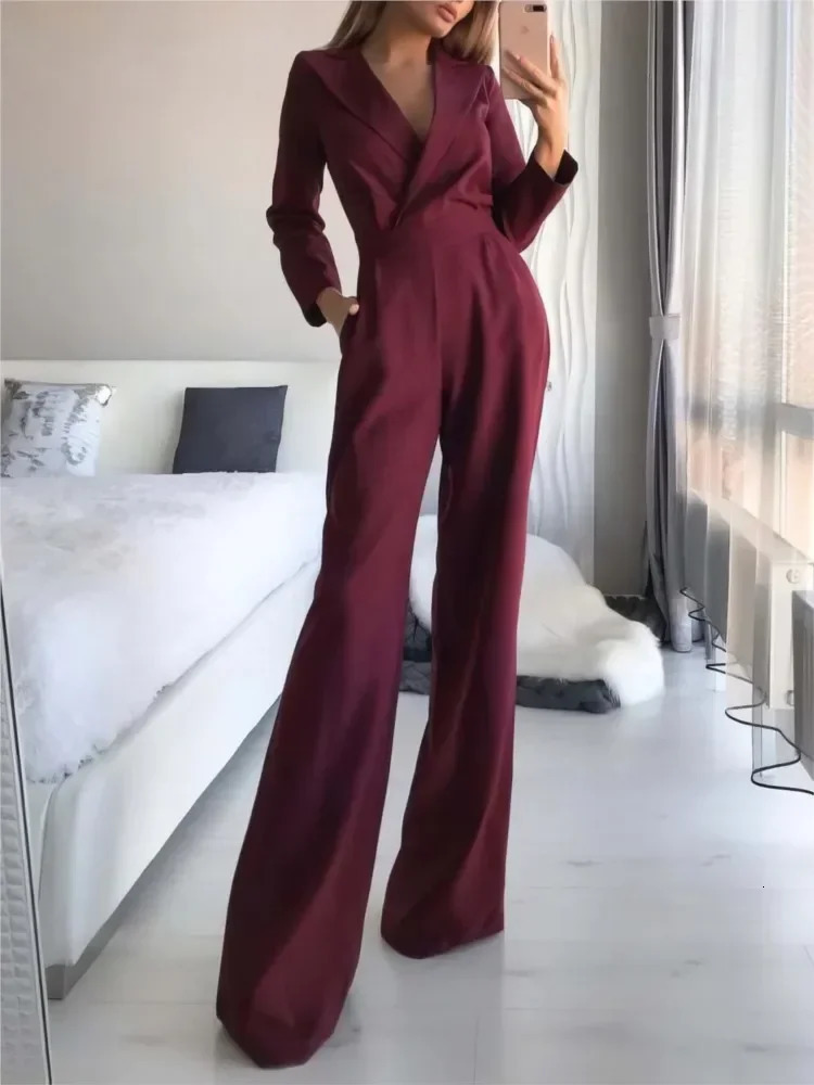 2025 Spring Jumpsuit Women Mid Waist Elegant Commuting Long Sleeve Suit Overalls Wide Leg Pant Casual Solid Waist Jumpsuit 241230