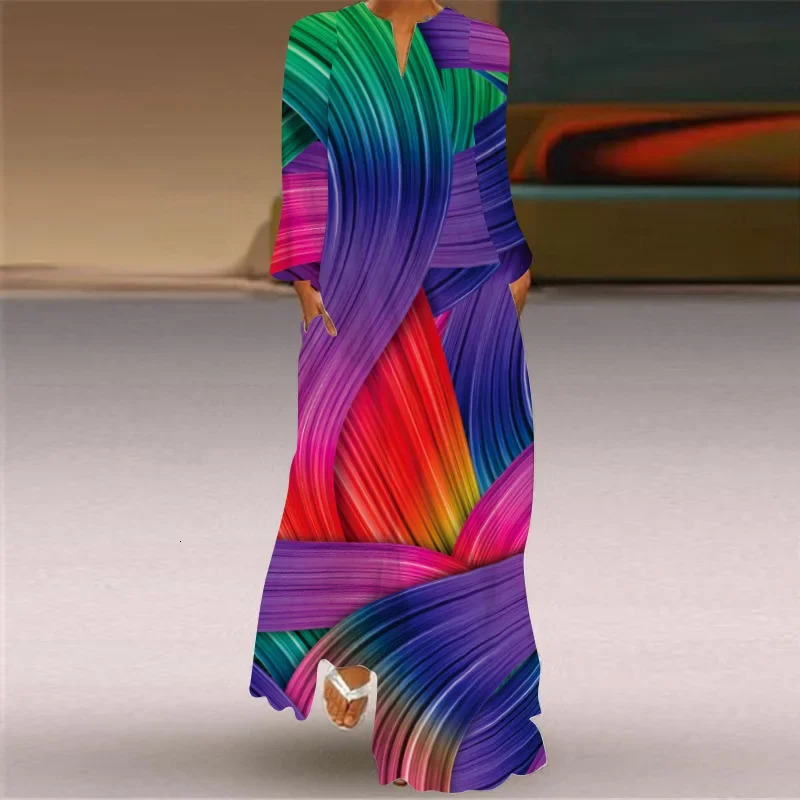 Bohemian long sleeved loose fitting womens V-neck casual dress with pocket printed womens clothing 250103