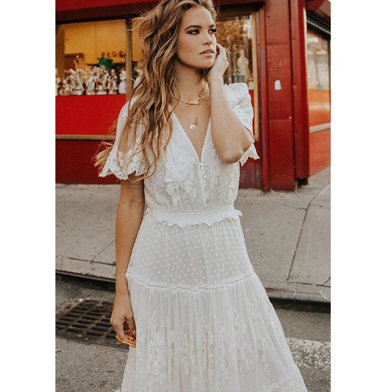 Happy Queens Womens Solid Short Sleeve Beach Sexy Lace Bohemian Long Dress Womens V-neck Bohemian Sundress Vestitos 250103