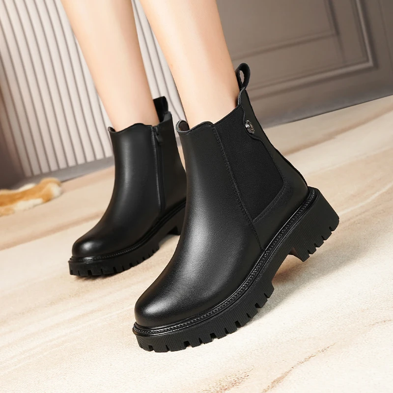 Women Chelsea Boots Genuine Leather Winter Shoes Boots Women Casual Platform Large Size Natural Wool Female Rider Boots