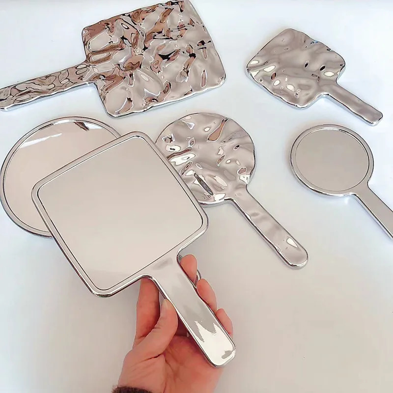Ins Liquid Shape Square Mirror Mini Hand-Held Desktop Cosmetic Makeup Mirror Travel Metallic Portable Beauty Mirror For Handbag 250103