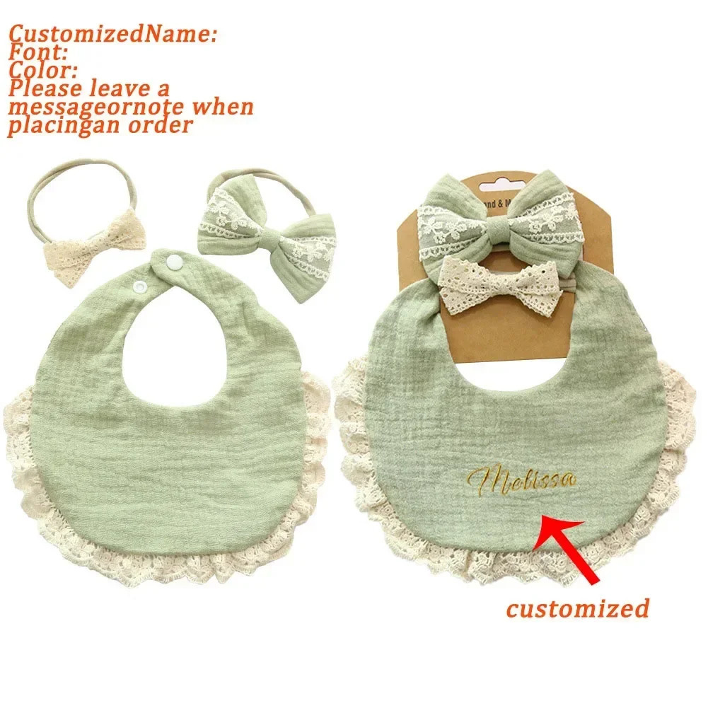 3Pcs/Set Custom Baby Bib Cotton Baby Bibs Lace Headband Hair Bands Muslin Burp Cloth Girl Accessories born Boy Cloths Gift 250103