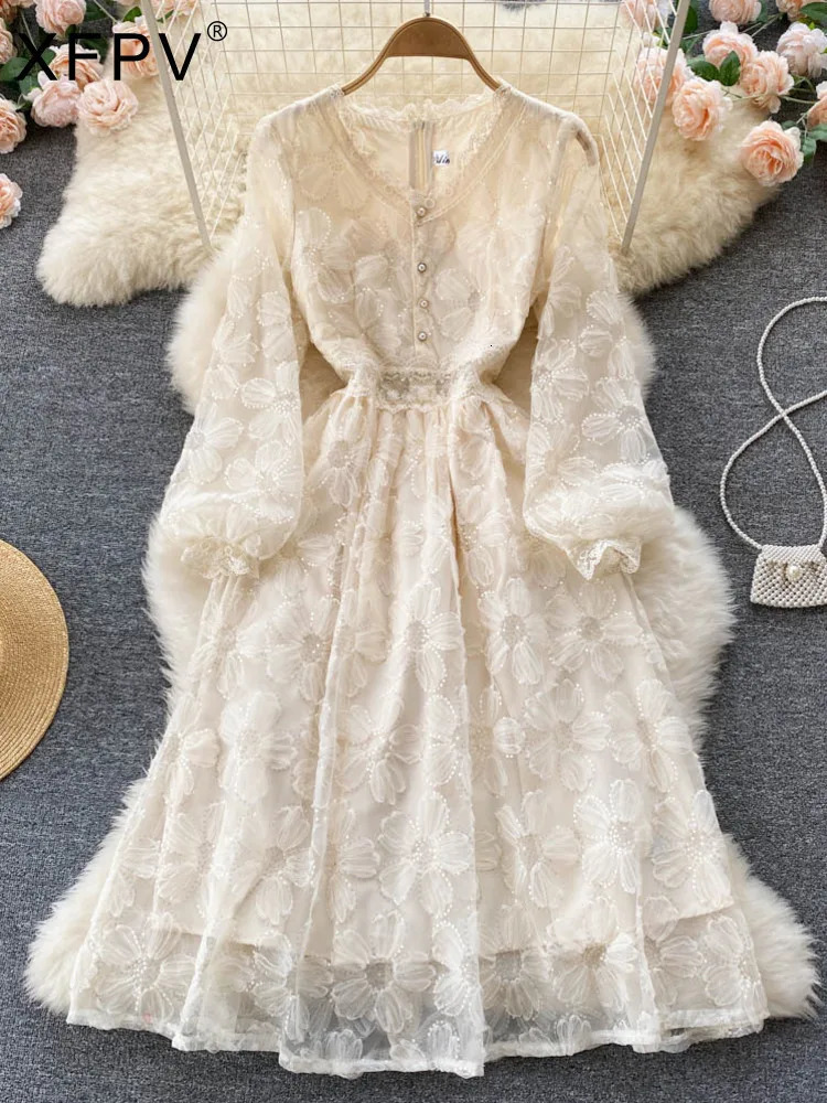 XFPV Womens Elegant Warm Long Sleeve A-line V-neck Lace Dress Vestdos Y2k Korean Fashion Trend Autumn 2025 SM11939 250103