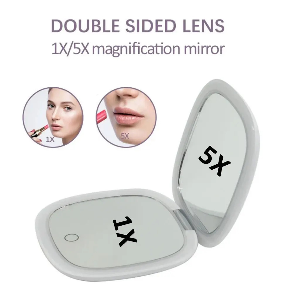 2 Face Sides Led 3 Colors Touch Compact Mini Foldable Cosmetic Charge Makeup Mirror With Light 5X Magnifying Small Pocket Travel 250103