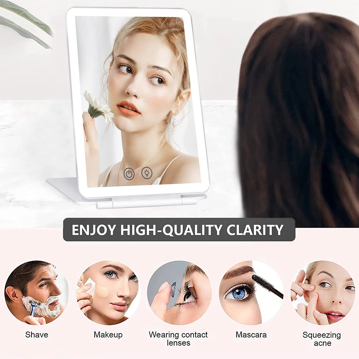 Folding Travel Mirror with 80 LEDs Ultra Thin Makeup Mirror Dimmable Touch Screen USB Rechargeable Portable for Makeup 250103