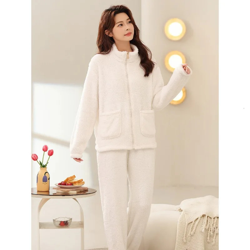 Casual Womens Autumn and Winter Doublesided Coral Fleece Pajamas Zipper Cardigan with Thick Flannel Home Suit Set 250103