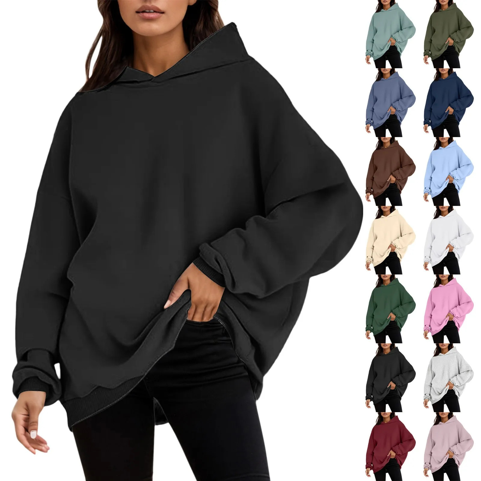 Womens Hoodies Oversized Pullover Long Sleeve Fleece Hooded Sweatshirt Solid Color Autumn Winter Casual Sweatshirts 250103