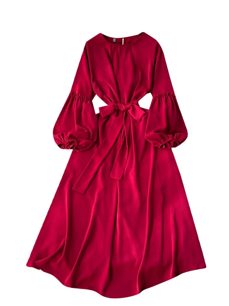 XFPV Women Vintage Sweet Mid Length High Waist A-line Dresses O-Neck Puff Sleeve Lace-up Vestidos Spring Summer 2025 SM10101 250103