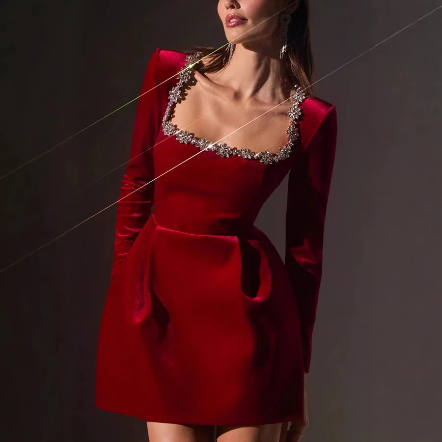 Velvet mini dress womens elegant square neckline long sleeved pleated dress womens 2025 autumn fashion party evening dress women 250103