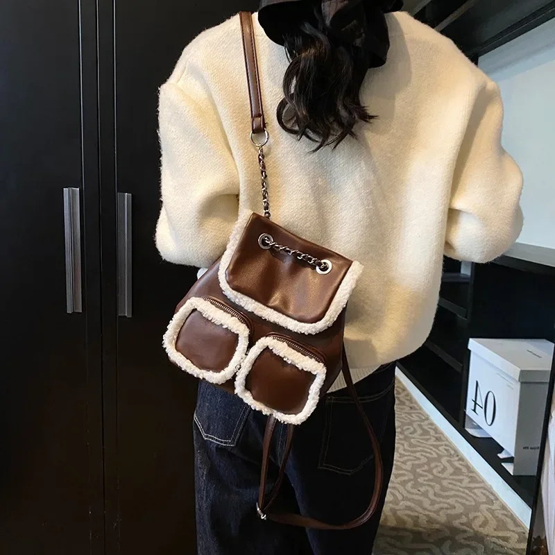 Solid Color Quality PU Plush Trimmed Fashion Backpack with Chain Flip Hand Bag Bags for Women Bolsas Femininas 250102