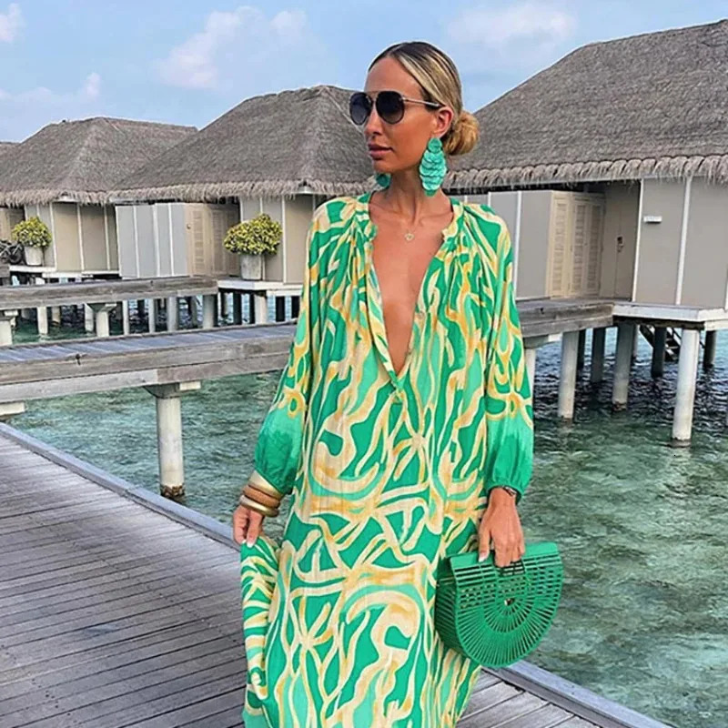 Womens Deep V-neck Dress Summer Retro Elegant Long Sleeve Bohemian Printed Long Dress Womens Sexy Beach Party Loose Long Dress 250103
