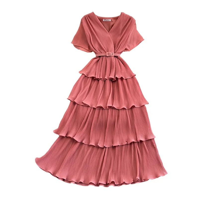 XFPV Women Vacation Pleated Belt Loose Dress Vestidos RobeV- Neck Short Sleeve Arrivals Fashion Temperament Summer 2025 SM3507 250103