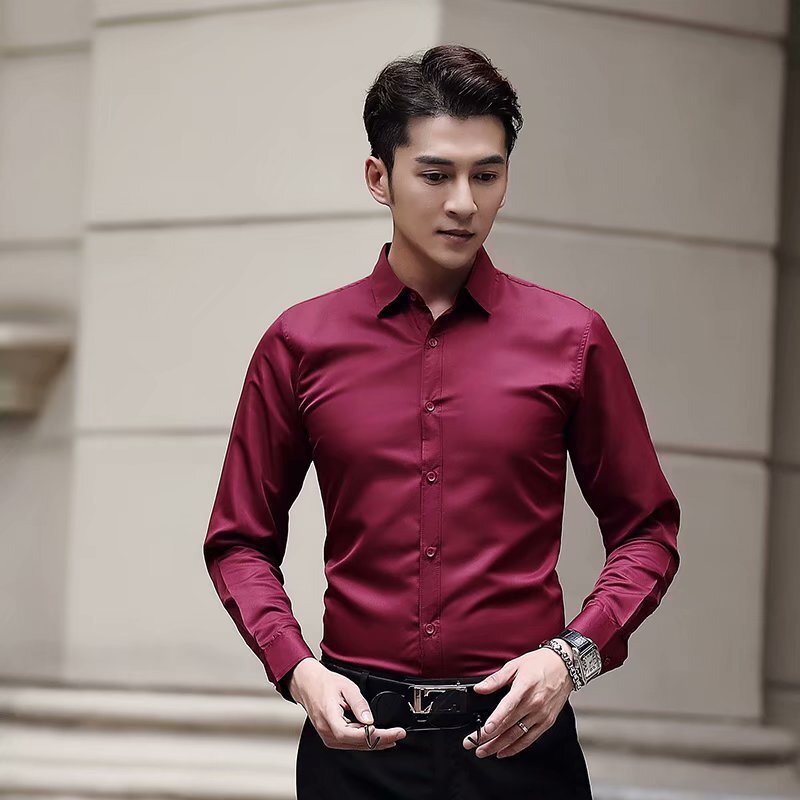 White shirt mens long sleeve slim fit no iron solid color professional business dress work white mens suit shirt