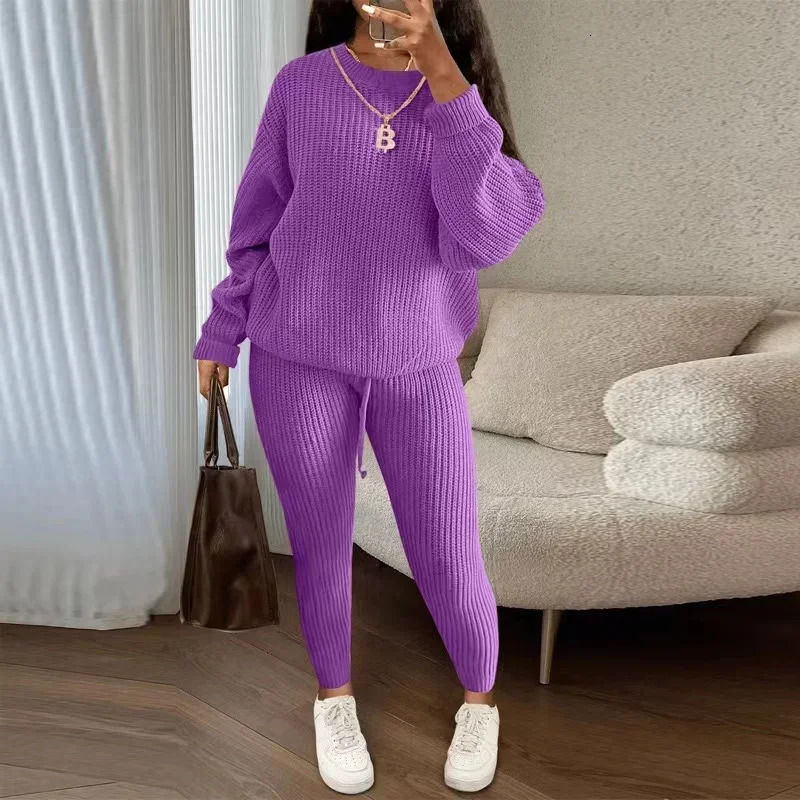 Winter two-piece womens clothing autumn fashion casual solid round neck zipper loose pit knitted sweater set 241230