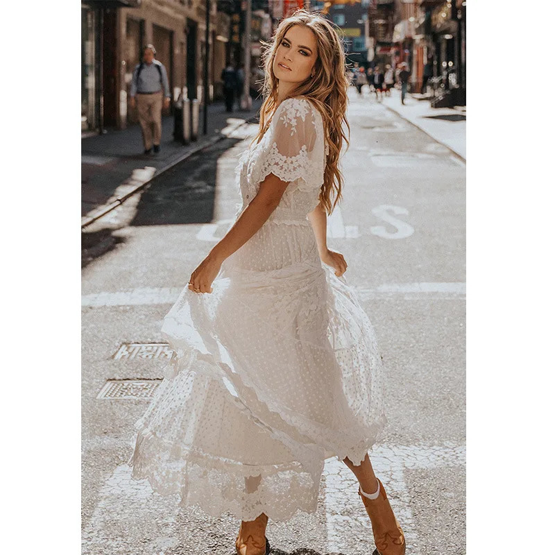 Happy Queens Womens Solid Short Sleeve Beach Sexy Lace Bohemian Long Dress Womens V-neck Bohemian Sundress Vestitos 250103