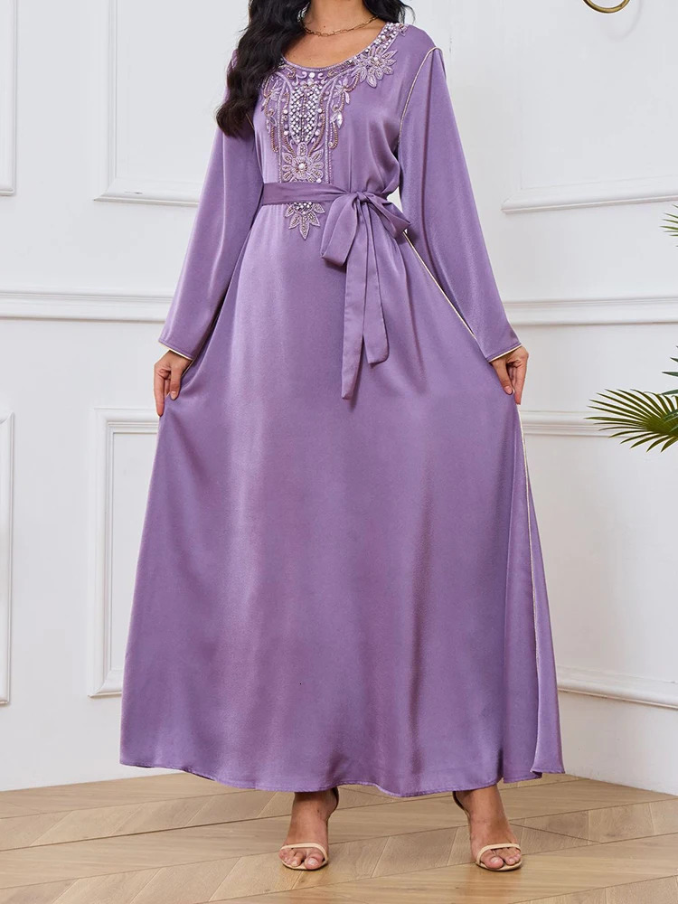Lanmrem Elegant Party Long Dress Womens Diamond Splicing Round Neck Loose Dress Fashion 2025 Spring Style 32C721 250103