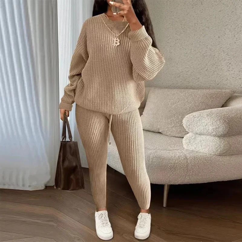 Winter two-piece womens clothing autumn fashion casual solid round neck zipper loose pit knitted sweater set 241230