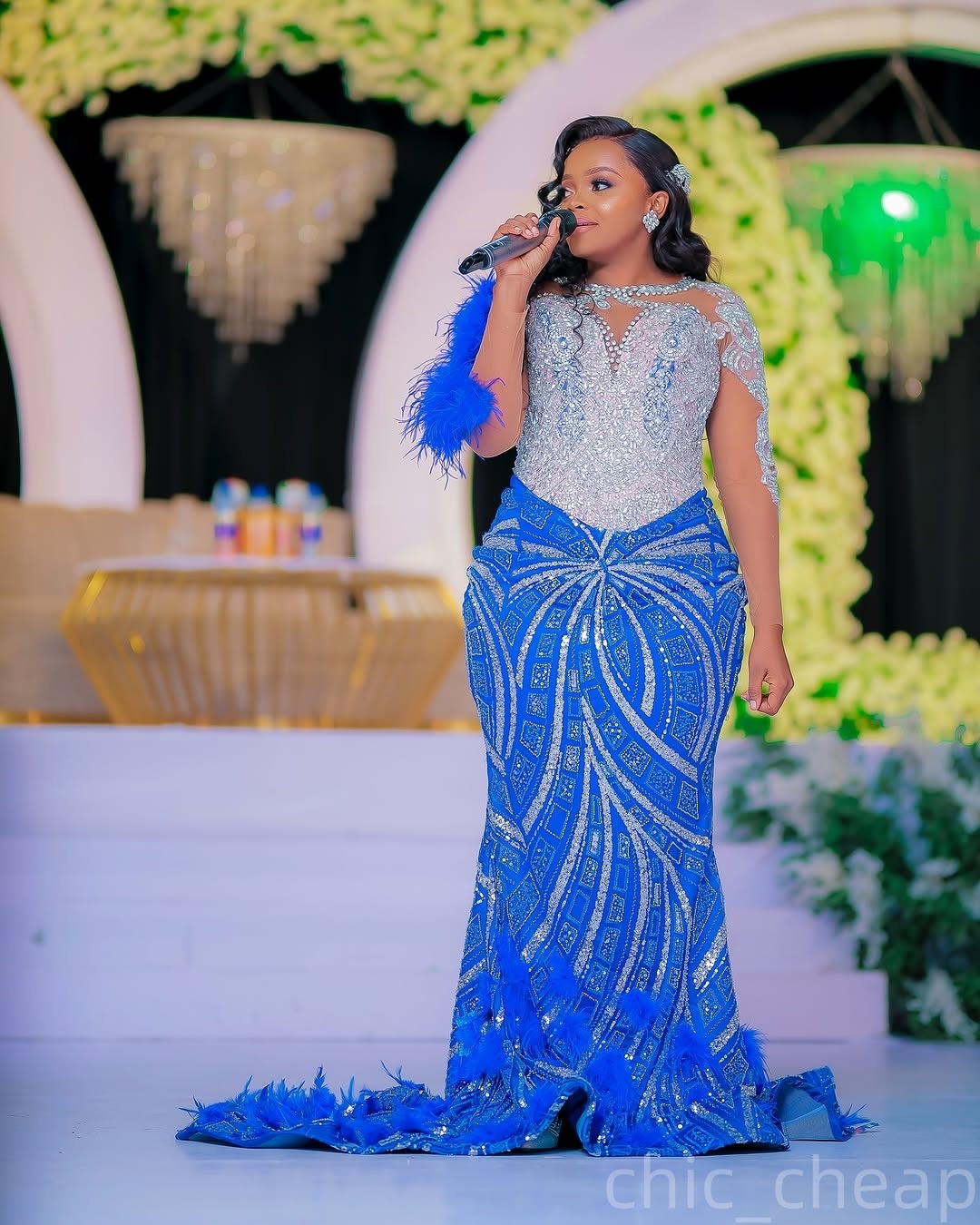 Royal Blue Mermaid Prom Dresses 2025 Beaded Cystals Feather Sequined Evening Formal Party Second Birthday Engagement Gowns Plus Size Dress For Special
