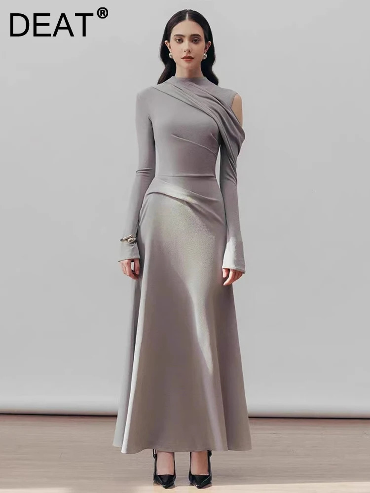 DEAT Elegant Dress Half High Neck Hollow Asymmetric Long Sleeve Mid Low Waist Womens Party Dress 2025 Spring Style 13DL999 250103