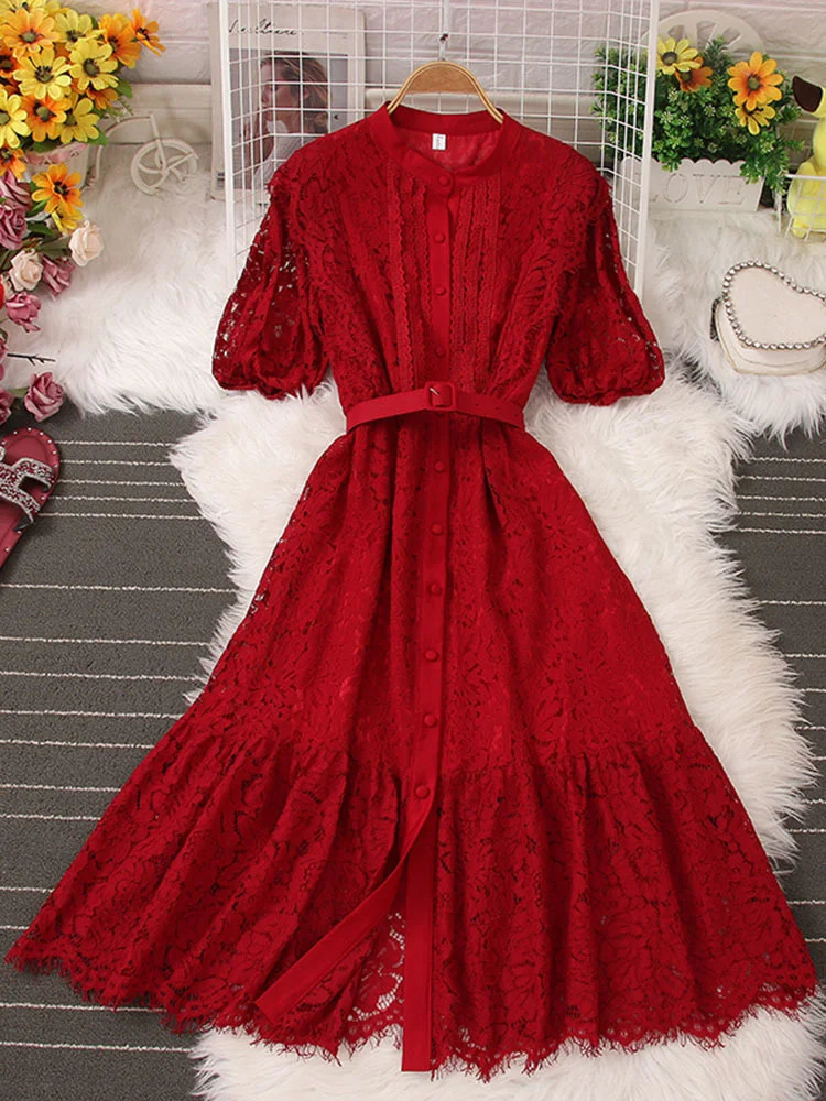 XFPV Sweet Style Y2K Long Dresse For Women Hook Flower Hollow Single-breasted High Waist Dresses Spring Summer 2025 SM5538 250103