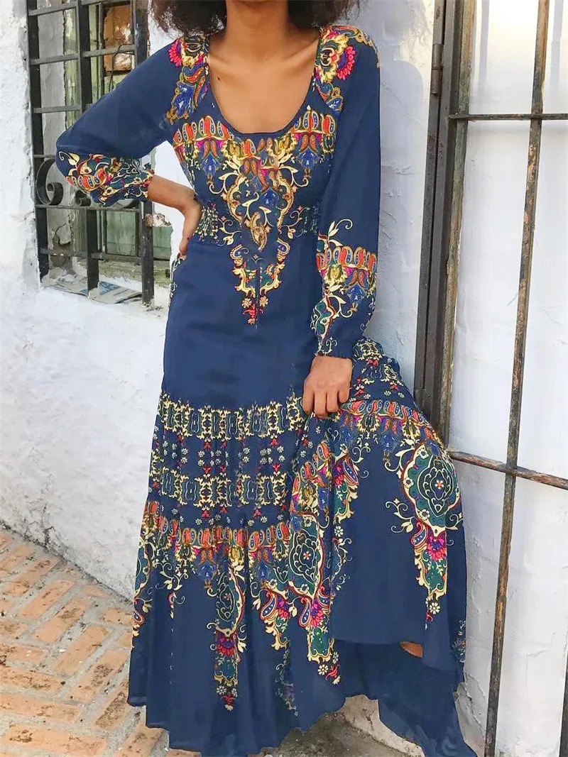 Thin Light Summer Bohemian Retro Printed O-neck Dress Elegant Party Dress er Vestdos Loose Midi Dress Street Clothing 250103