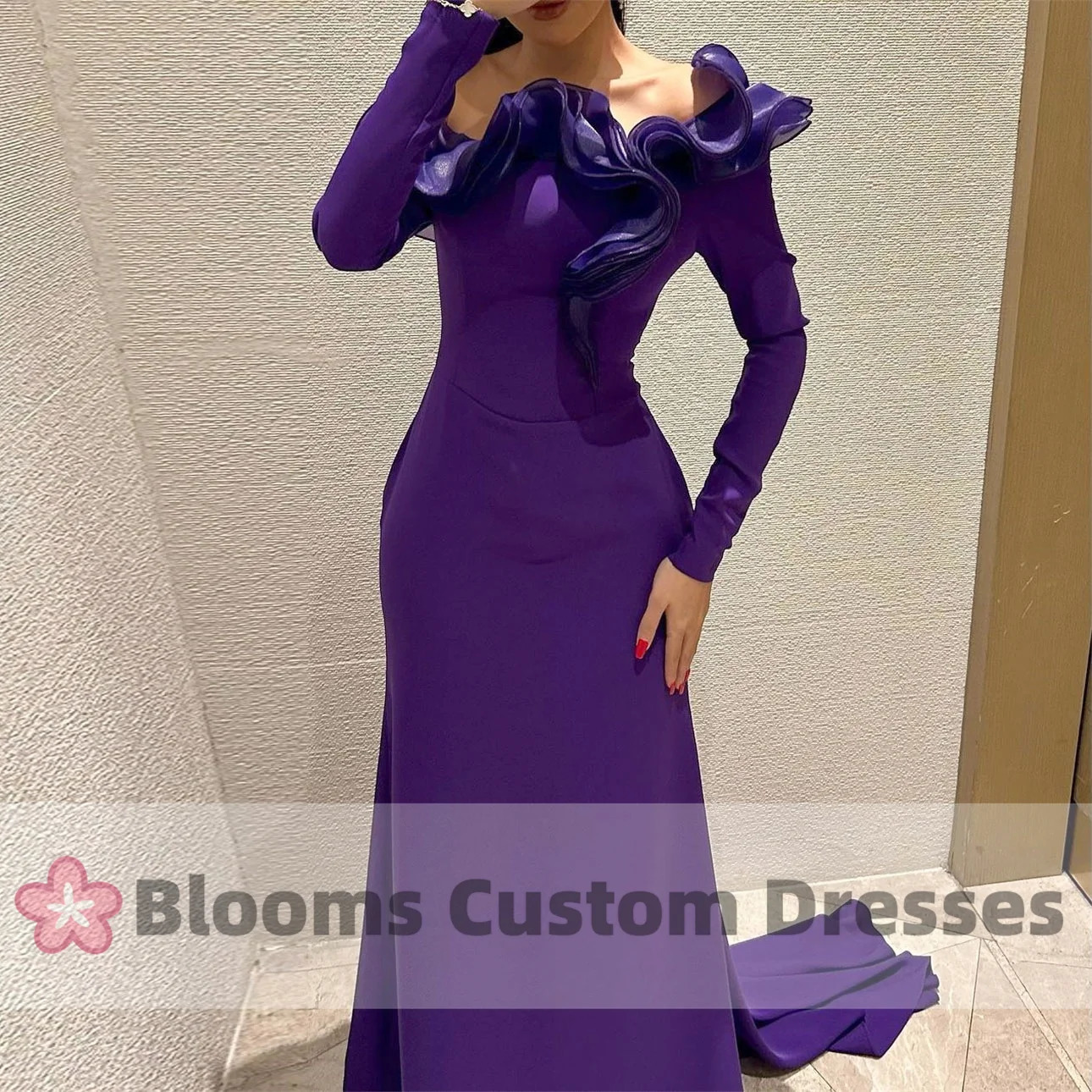 Blooms Purple Shoulder Long Sleeve Customized Evening Dress Used for Special Occasion Ruffle Party Dress Post Train Ball Dress 250103