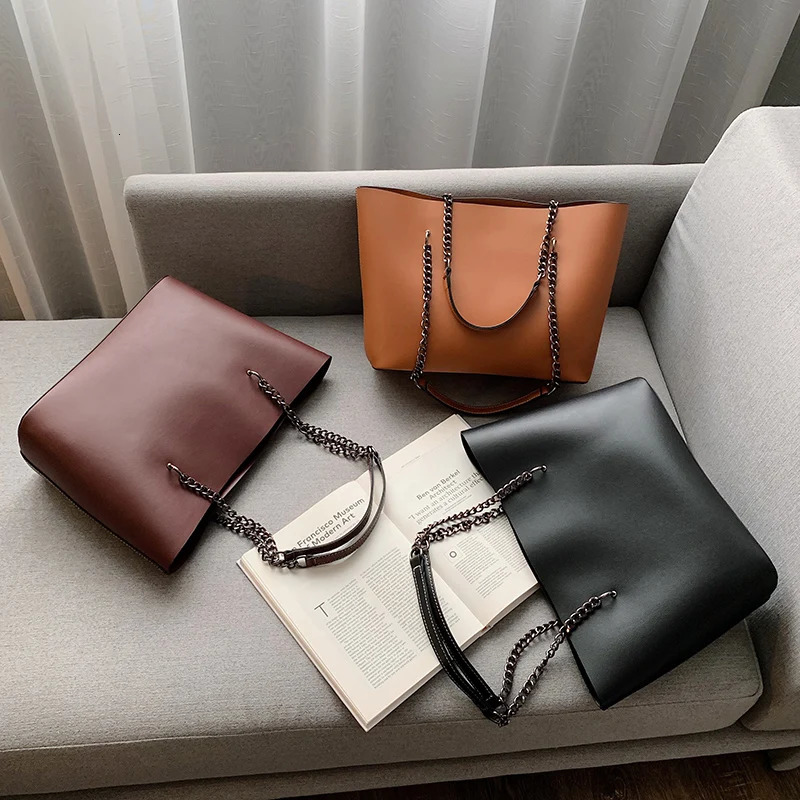 Vintage PU Leather Tote Bag Women Chains Shoulder Bag Large Capacity Handbag Female Shopping Handle Bag Lady Purse 250102