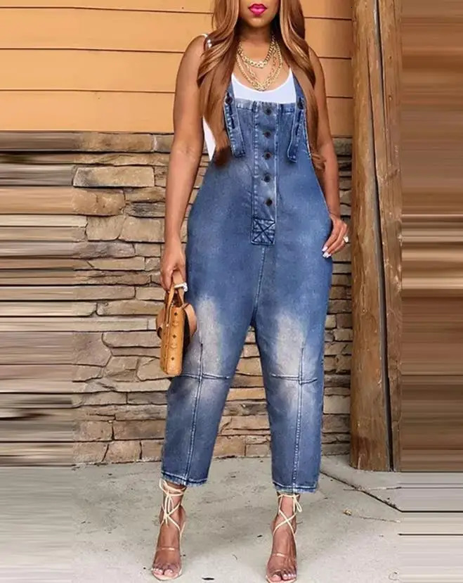 Denim Jumpsuit Womens Overall Fashion Split Loose Wide Leg Pocket Button Slim Blue Suspenders Vintage Womens jumpsuit 241230
