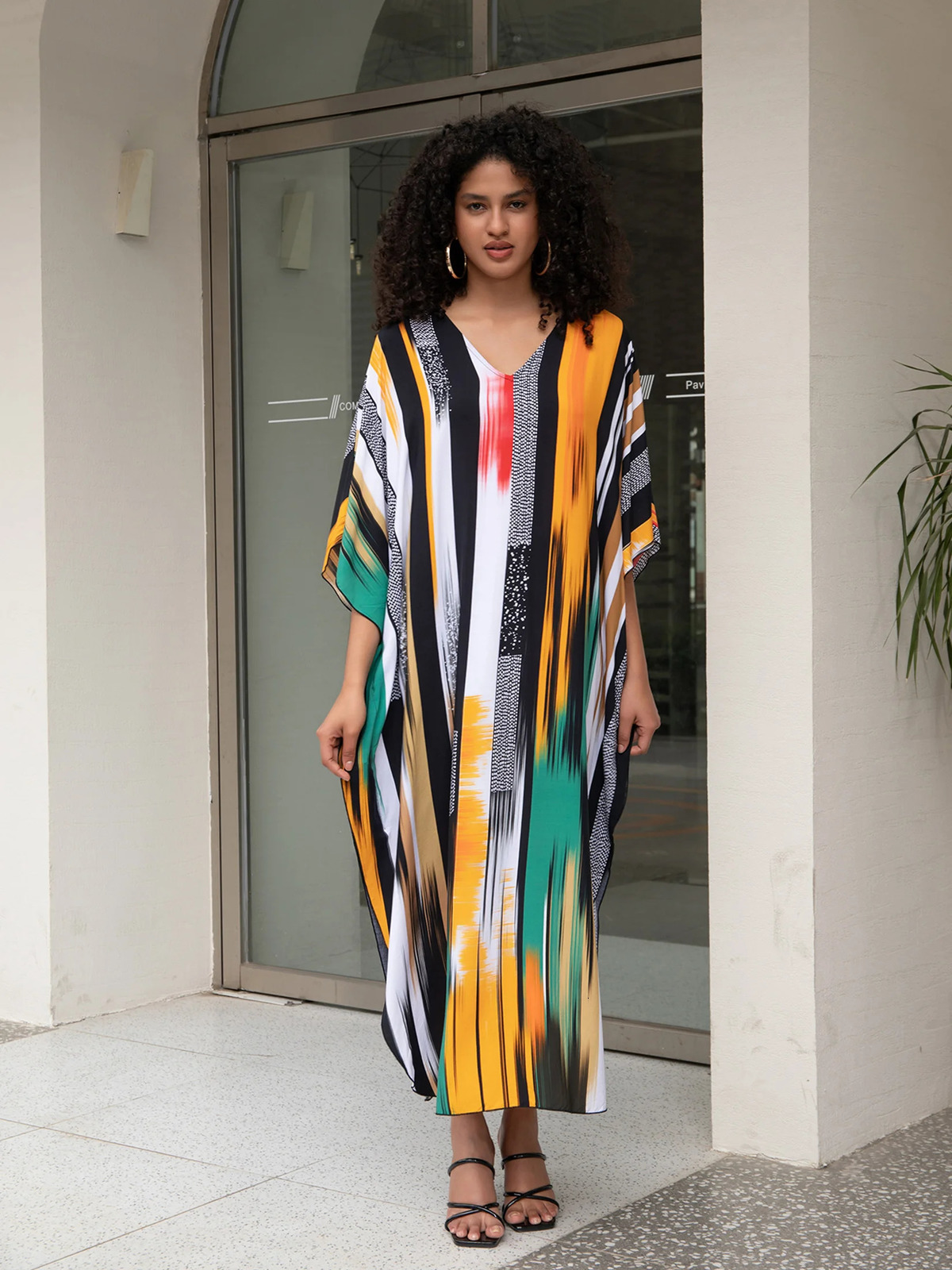 striped print Summe beach dress womens clothing Bohemian V-neck batwing sleeves Kaftan vacation Moo dress Q1638 250103
