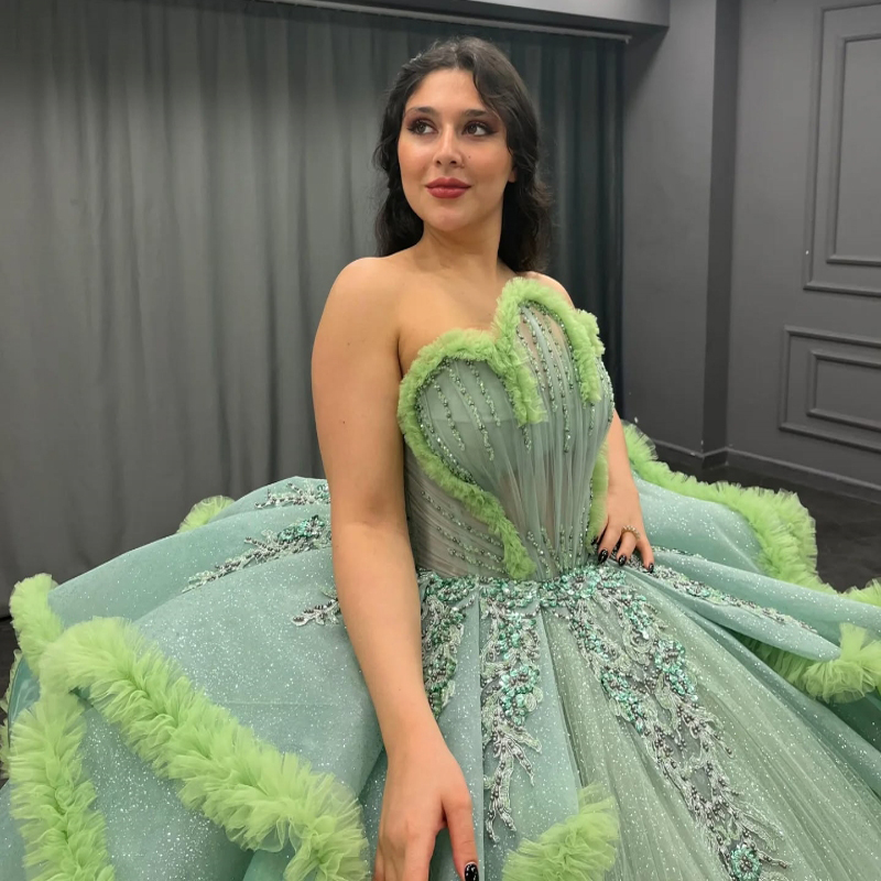Sage Green Quinceanera Dresses Ball Gown Off The Shoulder Applique Lace Beading Tull Party Birthday Sweet 16 Vestido De 15 Anos