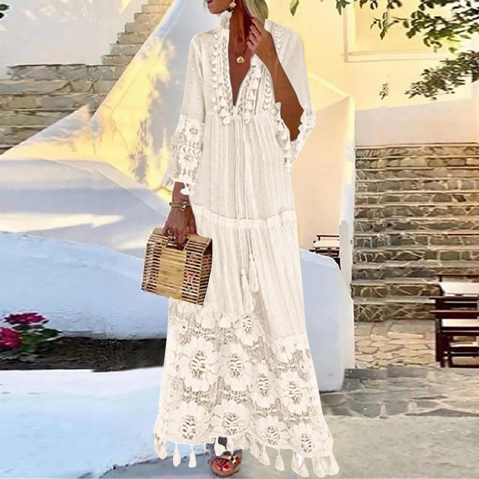 lace bohemian dress womens embroidered crochet tassel pleated long skirt summer V-neck womens swaying beach sun skirt bohemian dress 250103