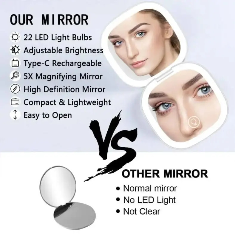 2 Face Sides Led 3 Colors Touch Compact Mini Foldable Cosmetic Charge Makeup Mirror With Light 5X Magnifying Small Pocket Travel 250103