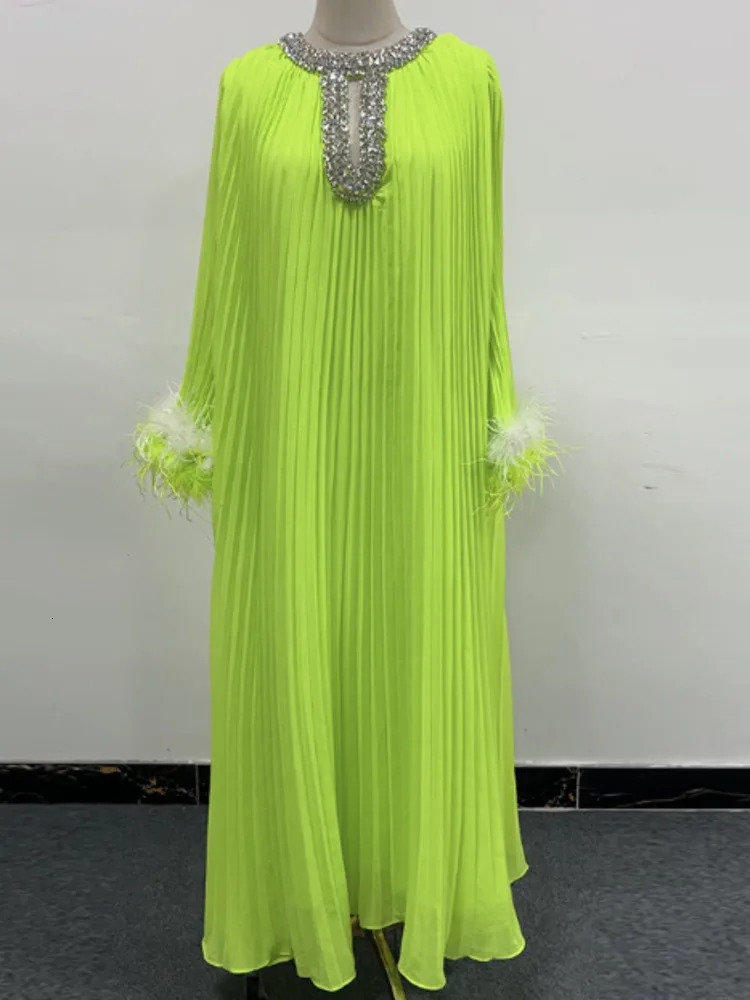 LANMREM 2025 Spring Womens Wear Diamond Splicing Collar Feather Long Sleeve Dress Elegant Clothing 32C1914 250103