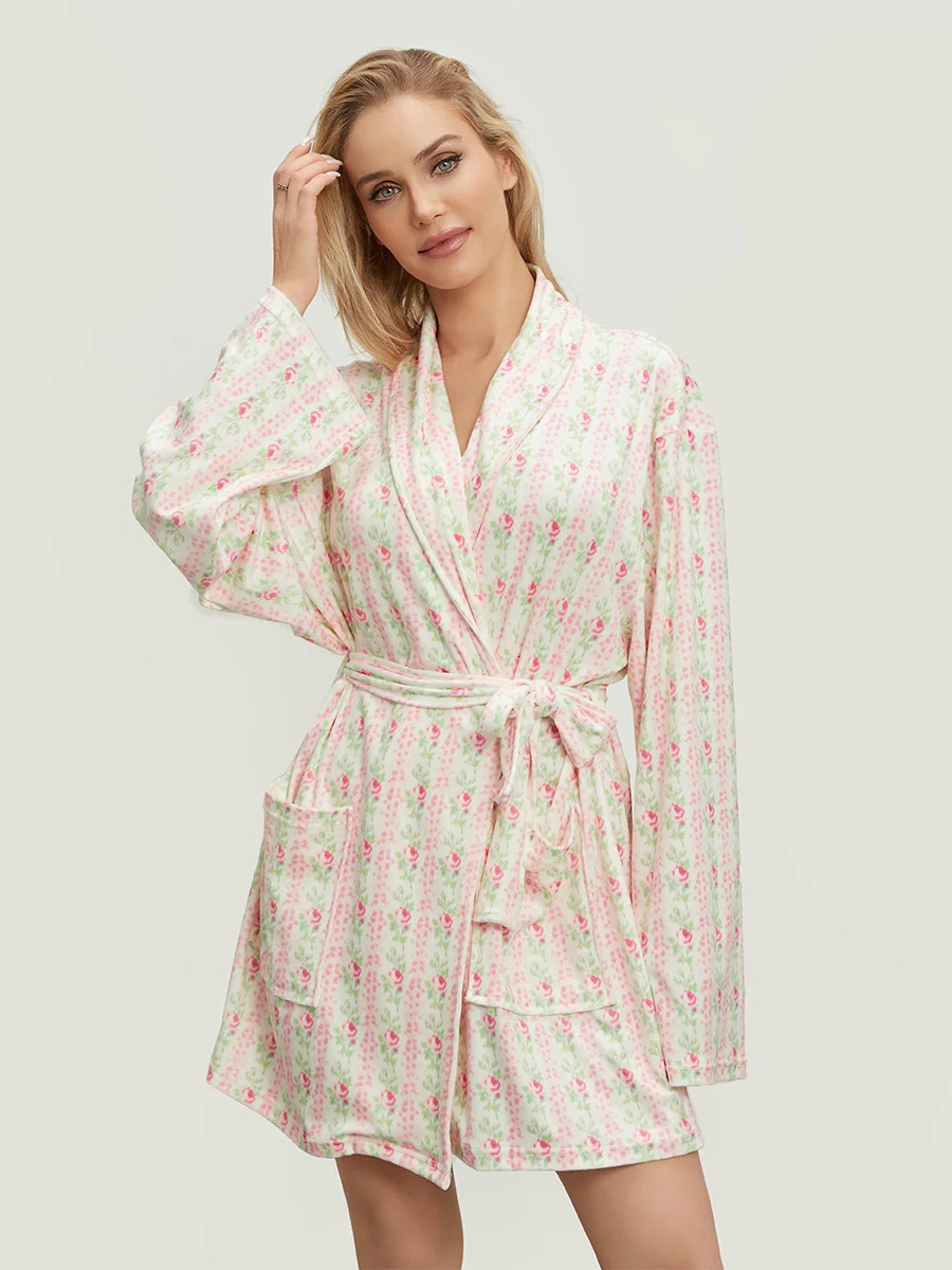 Women Soft Cotton Long Robe Floral Fruit Print Flannel Shawl Collar Dressing Gown Bathrobe Warm Lounge Robe Pjs Sleepwear 250102