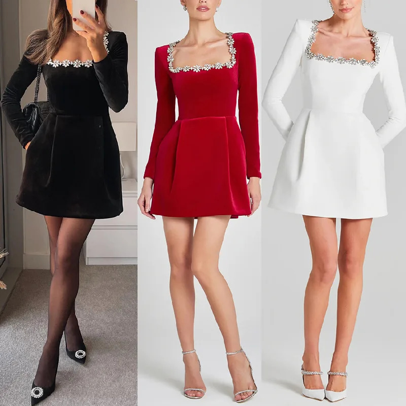 Velvet mini dress womens elegant square neckline long sleeved pleated dress womens 2025 autumn fashion party evening dress women 250103