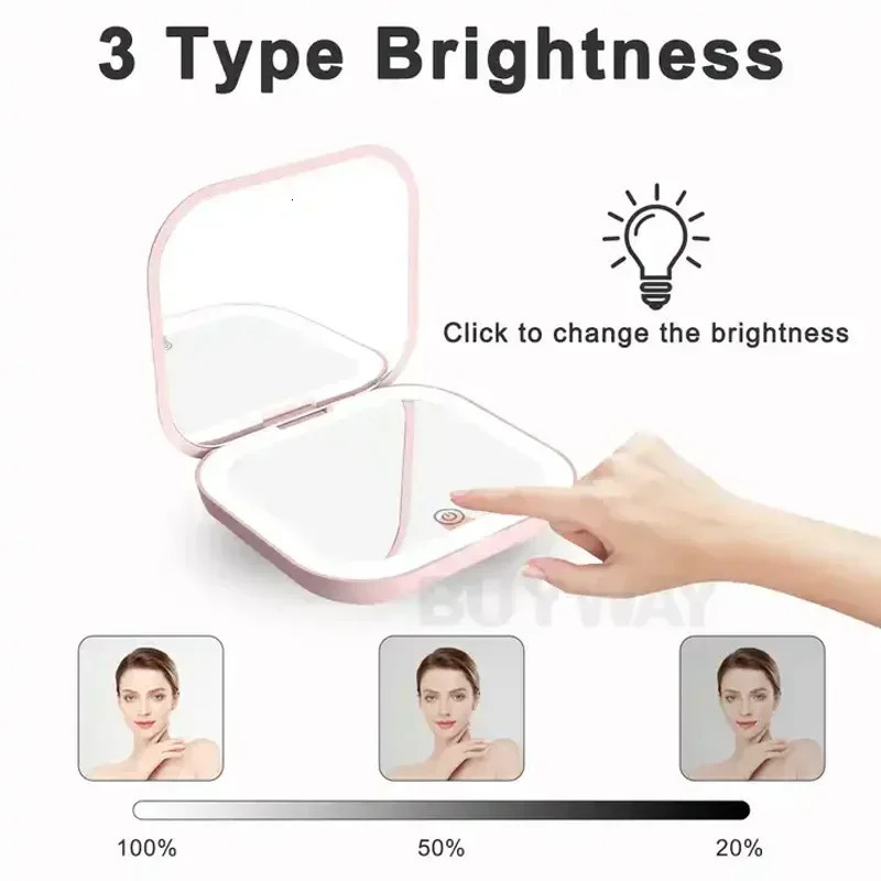 2X magnifying Compact Small Mini Gift Vanity Table Folding Led Lights Portable Hand Held Pocket Makeup Mirror 250103