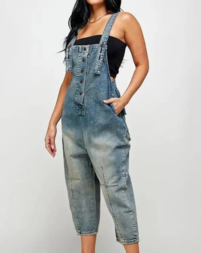 Denim Jumpsuit Womens Overall Fashion Split Loose Wide Leg Pocket Button Slim Blue Suspenders Vintage Womens jumpsuit 241230