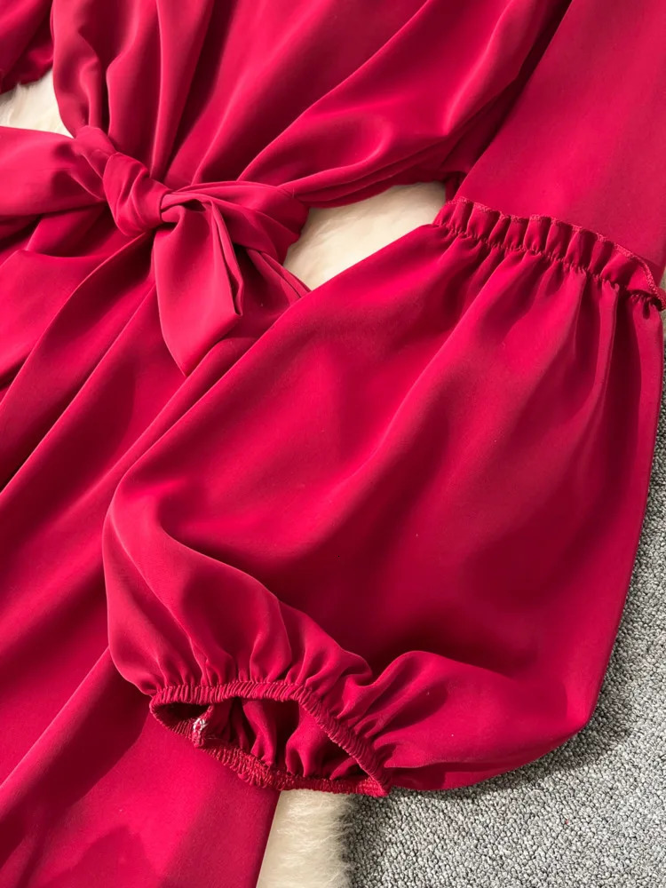 XFPV Women Vintage Sweet Mid Length High Waist A-line Dresses O-Neck Puff Sleeve Lace-up Vestidos Spring Summer 2025 SM10101 250103
