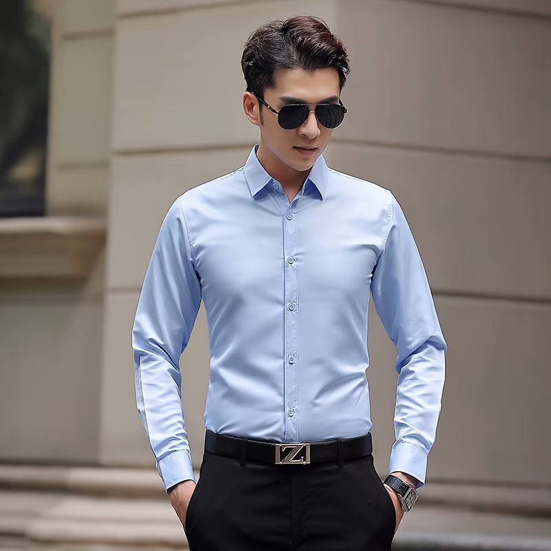 White shirt mens long sleeved slim fit no perm solid color professional business formal wear work white work suit shirt